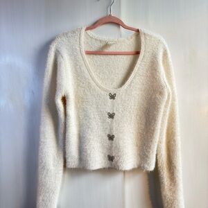NWOT Rhinestone Butterfly Cream Fuzzy Sweater